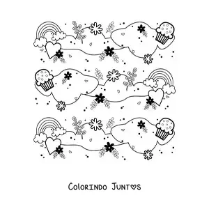 Desenho para colorir de padrão de arco-íris fofos com nuvens, cupcakes, corações, flores e folhas