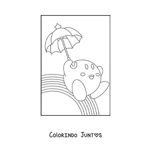 Desenho para colorir do Kirby com uma sombrinha sobre um arco-íris