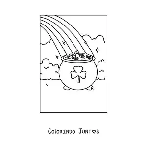 Desenho para colorir de pote de ouro com estampa de trevo no fim de um arco-íris
