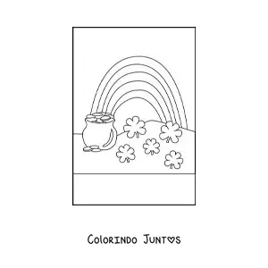 Desenho para colorir de um arco-íris com pote de ouro e 5 trevos