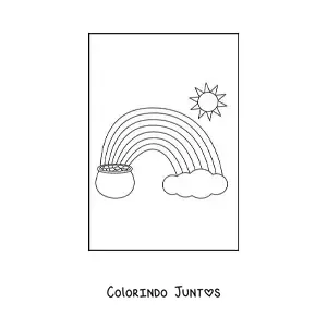 Desenho para colorir de um arco-íris com Sol, nuvem e pote de ouro