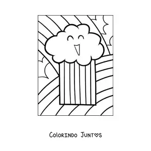 Desenho para colorir de nuvem fofa sorrindo em desenho animado com arco-íris ao fundo
