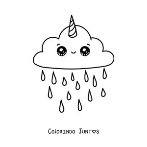 Desenho para colorir de nuvem de unicórnio kawaii com chuva