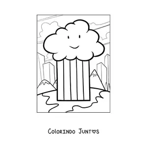 Desenho para colorir de nuvem em desenho animado com arco-íris, montanhas e uma cidade ao fundo