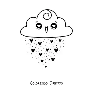 Desenho para colorir de nuvem kawaii sorrindo com chuva de corações