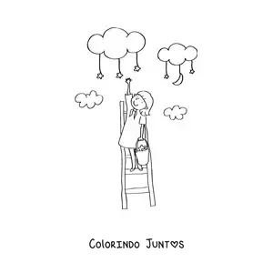 Desenho para colorir de menina sobre uma escada alcançando as nuvens e colhendo estrelas