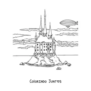 Desenho para colorir de castelo em uma ilha com nuvens realistas no céu e um dirigível ao fundo