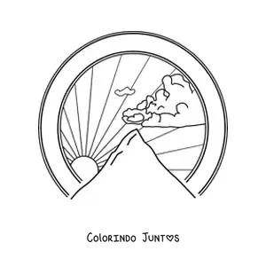 Desenho para colorir de paisagem de montanha com nuvem realista e Sol ao fundo