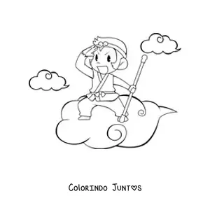 Desenho para colorir de macaco em desenho animado viajando sobre uma nuvem, com nuvens ao fundo