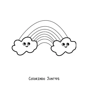 Desenho para colorir de nuvens sorridentes em desenho animado com arco-íris
