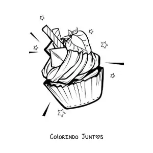 Desenho para colorir de um cupcake decorado com creme e um morango