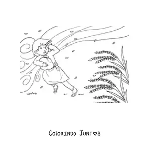 Desenho para colorir de homem sendo arrastado pelo vento em um trigal