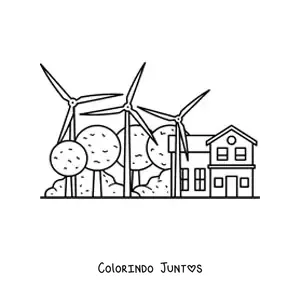 Desenho para colorir de moinhos de vento fornecendo eletricidade a uma casa, com árvores ao fundo