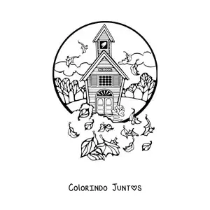 Desenho para colorir de escola com árvores e folhas ao vento