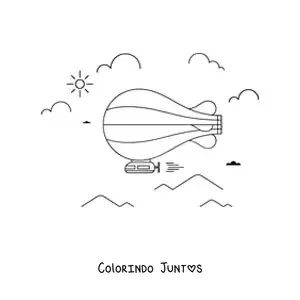 Desenho para colorir de dirigível voando com nuvens e montanhas ao fundo