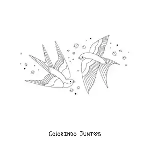 Desenho para colorir de aves voando com folhas ao vento ao fundo