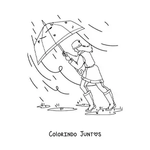 Desenho para colorir de menina com guarda-chuva caminhando em uma tempestade forte