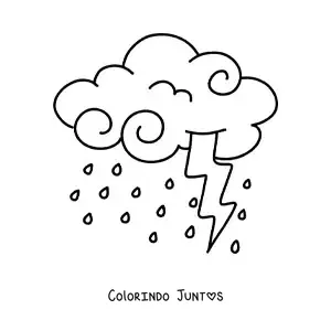 Desenho para colorir de nuvem com chuva e raio em tempestade com relâmpagos