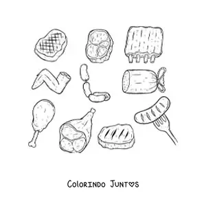 Desenho para colorir de várias carnes vermelhas e brancas