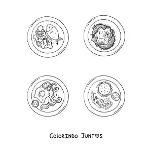 Desenho para colorir de vários pratos com carne cozida