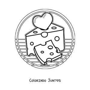 Desenho para colorir de um pedaço e uma fatia de queijo com um coração
