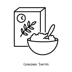 Desenho para colorir de uma caixa de cereal e um cereal em um prato com leite
