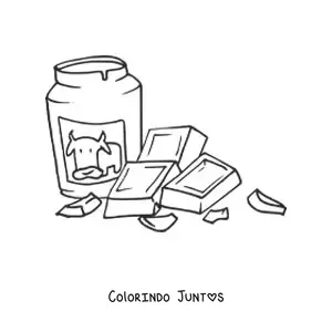 Desenho para colorir de um pedaço de chocolate ao lado de um pote de leite