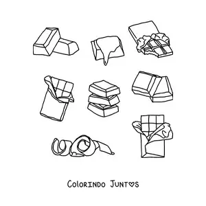 Desenho para colorir de várias barras e pedaços de chocolate