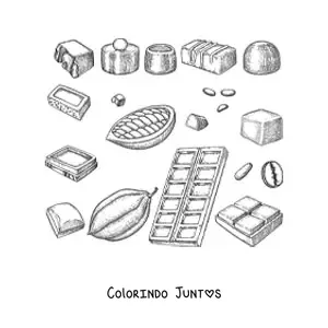 Desenho para colorir de vários pedaços de chocolate e de cacau