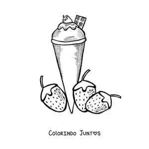 Desenho para colorir de um sorvete de casquinha ao lado de dois morangos