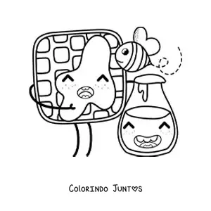 Desenho para colorir de um waffle animado kawaii com um pote de mel e uma abelha