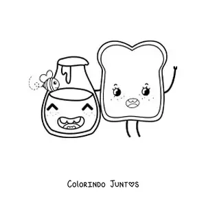 Desenho para colorir de uma torrada animada kawaii com um pote de mel e uma abelha