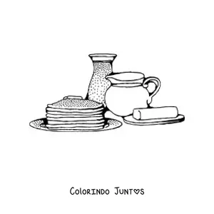 Desenho para colorir de várias panquecas com margarina e leite