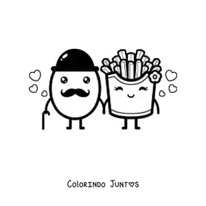 Desenho para colorir de um casal de batata com bigode ao lado de batatas fritas animadas