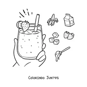 Desenho para colorir de uma mao segurando um smoothie de morango cercada pelos seus ingredientes