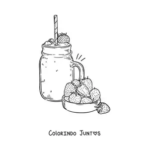 Desenho para colorir de uma jarra com um milk-shake de morango ao lado de varios morangos