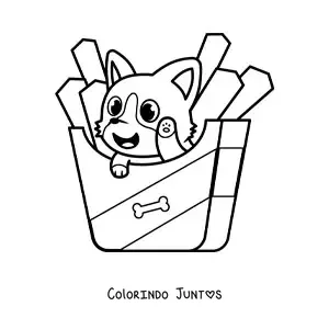Desenho para colorir de um cachorro kawaii animado dentro de um pacote de batatas fritas
