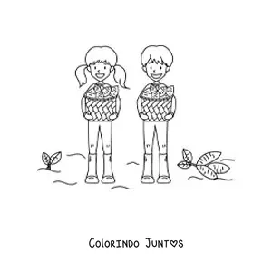 Desenho para colorir de duas crianças colhendo batatas