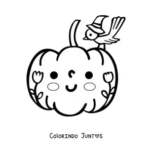 Desenho para colorir de uma abóbora kawaii com flores e um pássaro