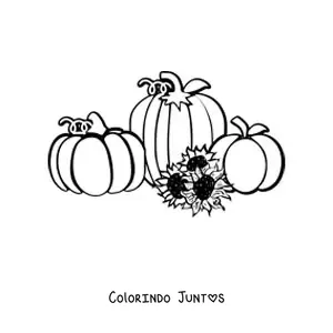 Desenho para colorir de três abóboras ao lado de três girassóis