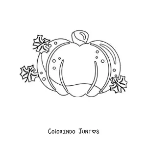 Desenho para colorir de uma abóbora ao lado de folhas de outono