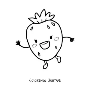 Desenho para colorir de um morango kawaii animado acenando feliz