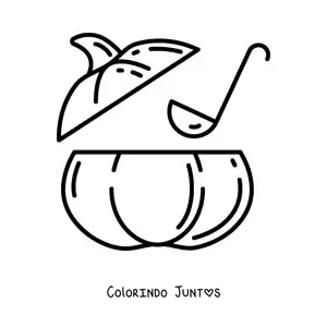 Desenho para colorir de uma concha servindo sopa de dentro de uma abóbora