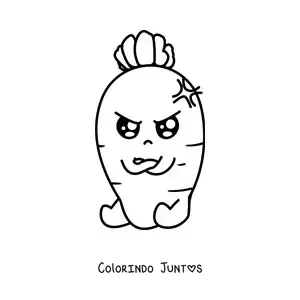 Desenho para colorir de uma cenoura kawaii animada com expressão de brava