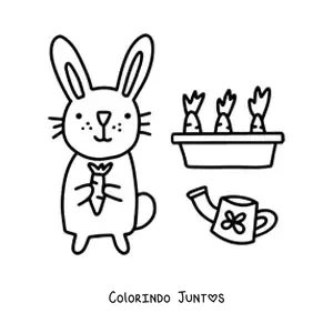 Desenho para colorir de um coelho kawaii ao lado de uma horta de cenouras