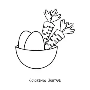 Desenho para colorir de duas cenouras em uma cesta ao lado de dois ovos