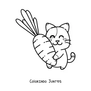 Desenho para colorir de um gato kawaii animado abraçando uma cenoura