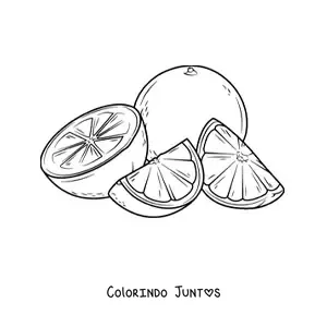 Desenho para colorir de uma laranja inteira ao lado de pedacos de outra laranja