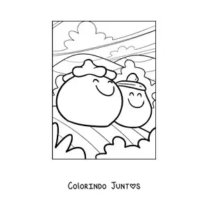 Desenho para colorir de um tomate animado ao lado de uma berinjela animada