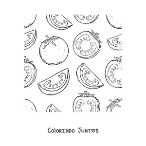 Desenho para colorir de vários tomates e pedaços de tomate